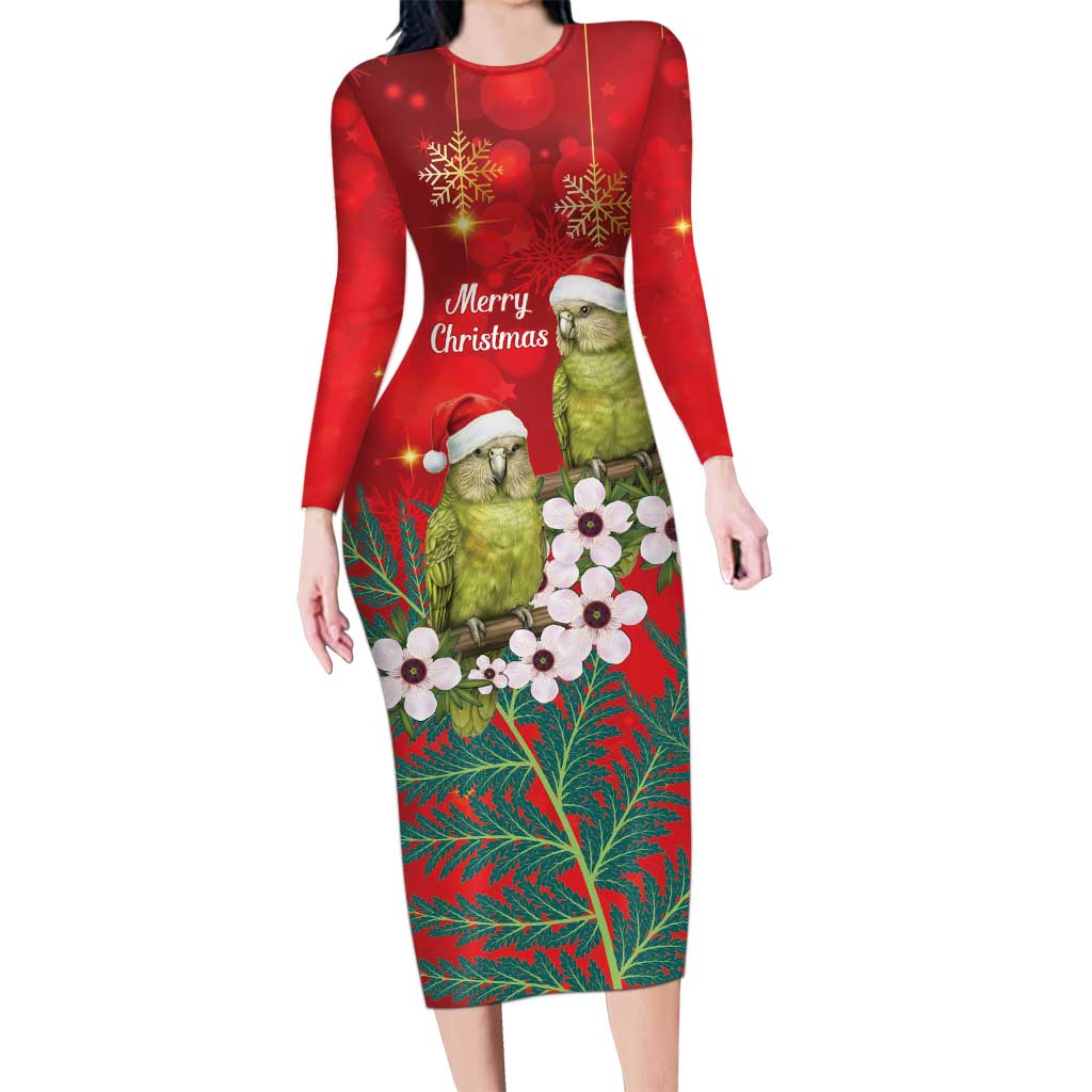 New Zealand Kakapo Christmas Long Sleeve Bodycon Dress Owl Parrot Santa Sliver Fern Manuka - Red - Aussie Hoodie