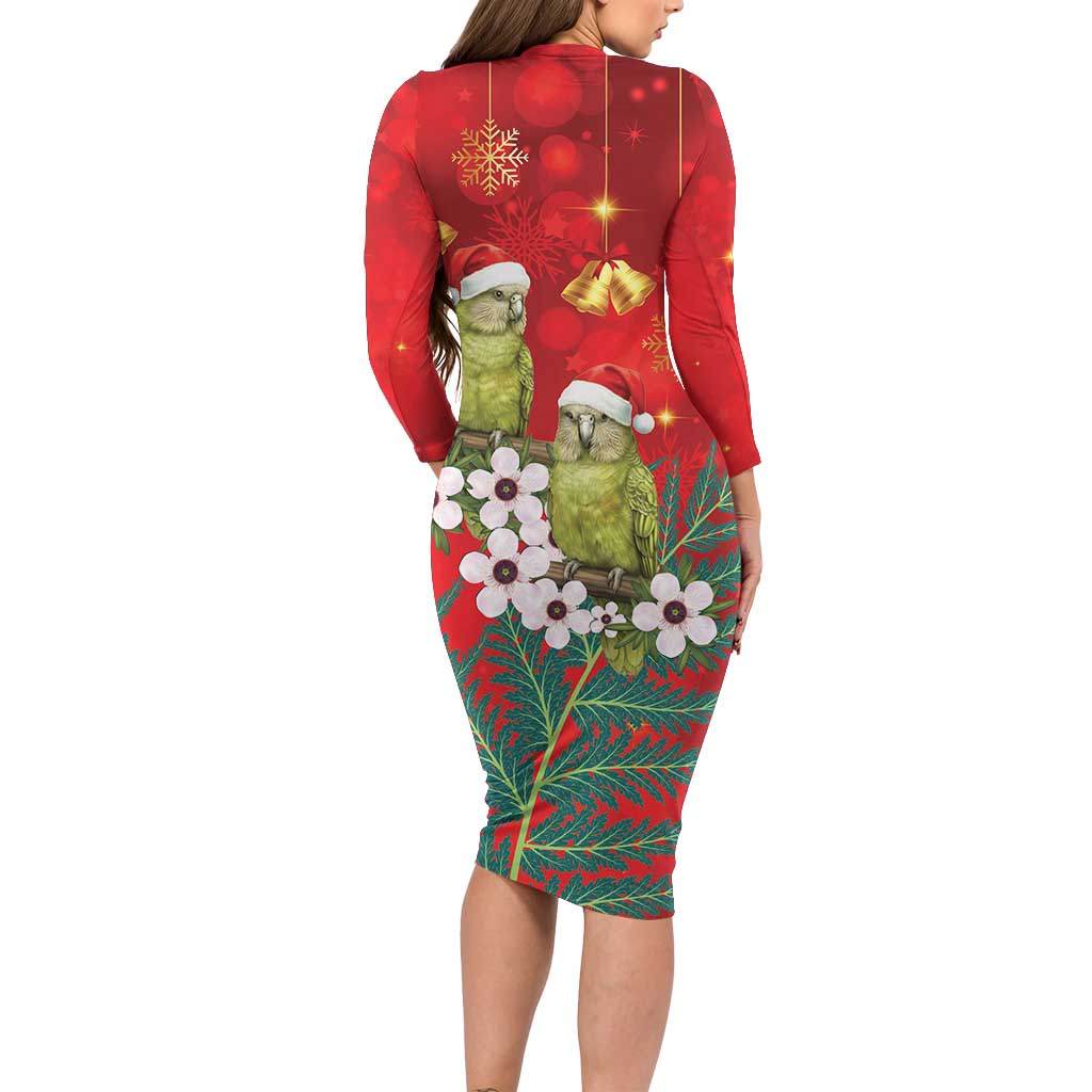 New Zealand Kakapo Christmas Long Sleeve Bodycon Dress Owl Parrot Santa Sliver Fern Manuka - Red - Aussie Hoodie