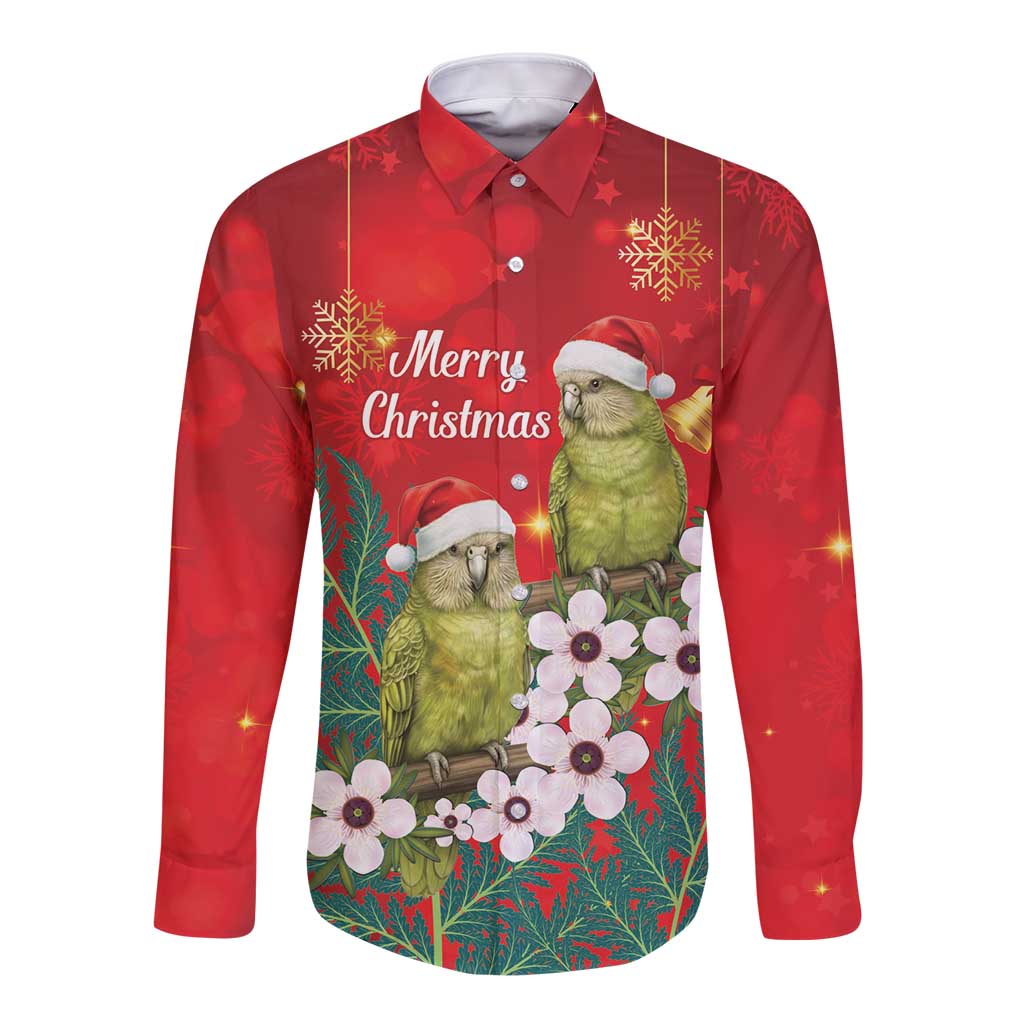 New Zealand Kakapo Christmas Long Sleeve Button Shirt Owl Parrot Santa Sliver Fern Manuka - Red - Aussie Hoodie