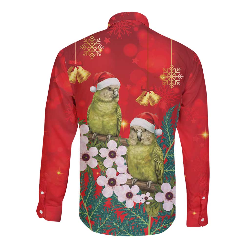 New Zealand Kakapo Christmas Long Sleeve Button Shirt Owl Parrot Santa Sliver Fern Manuka - Red - Aussie Hoodie