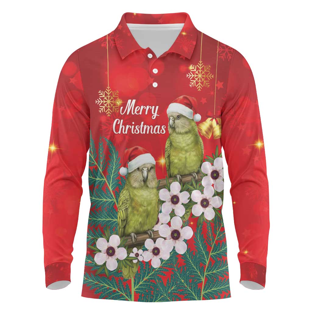 New Zealand Kakapo Christmas Long Sleeve Polo Shirt Owl Parrot Santa Sliver Fern Manuka - Red - Aussie Hoodie