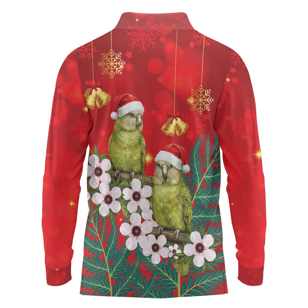 New Zealand Kakapo Christmas Long Sleeve Polo Shirt Owl Parrot Santa Sliver Fern Manuka - Red - Aussie Hoodie