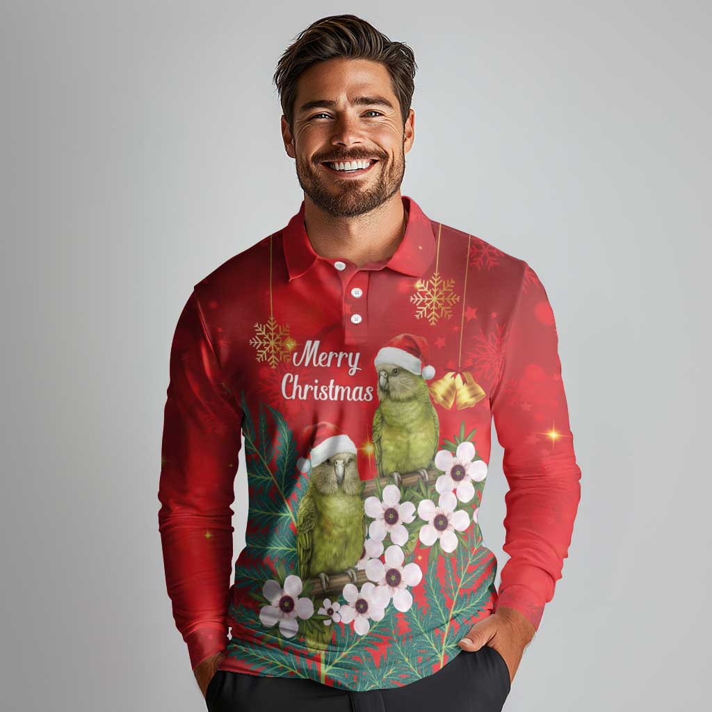 New Zealand Kakapo Christmas Long Sleeve Polo Shirt Owl Parrot Santa Sliver Fern Manuka - Red - Aussie Hoodie