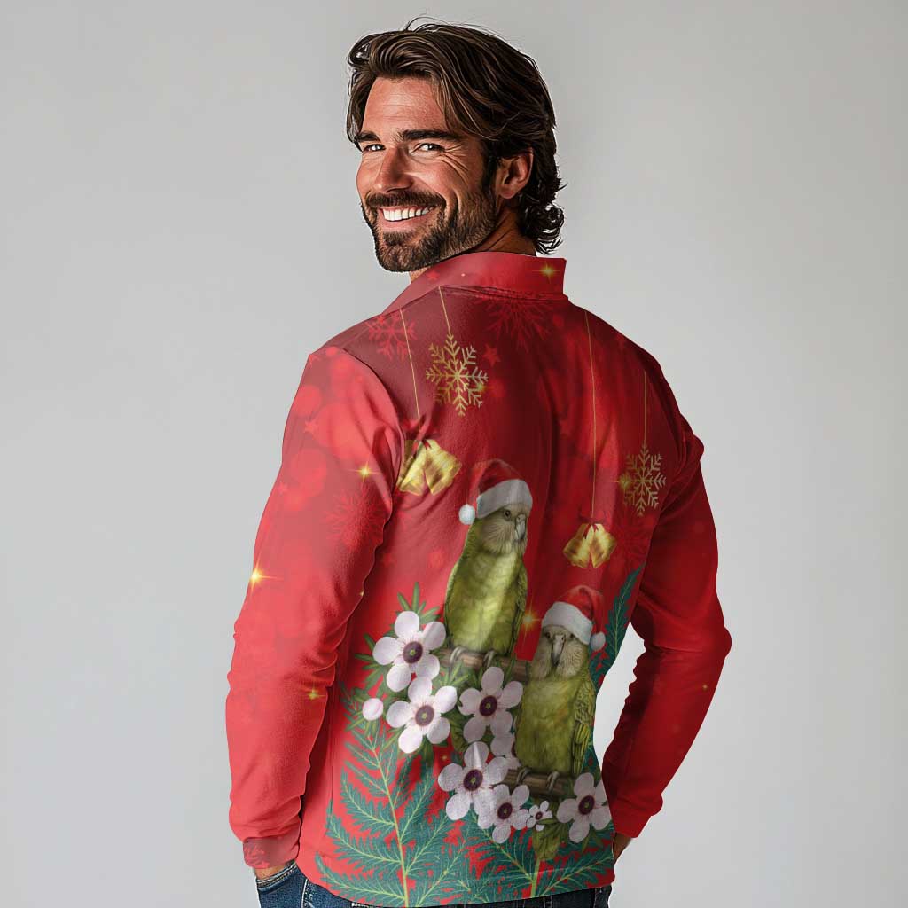 New Zealand Kakapo Christmas Long Sleeve Polo Shirt Owl Parrot Santa Sliver Fern Manuka - Red - Aussie Hoodie