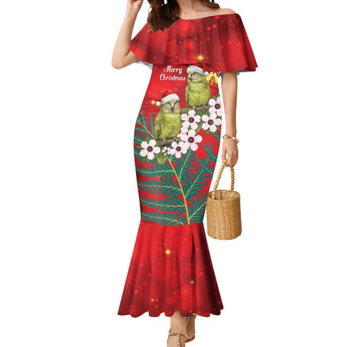 New Zealand Kakapo Christmas Mermaid Dress Owl Parrot Santa Sliver Fern Manuka - Red - Aussie Hoodie