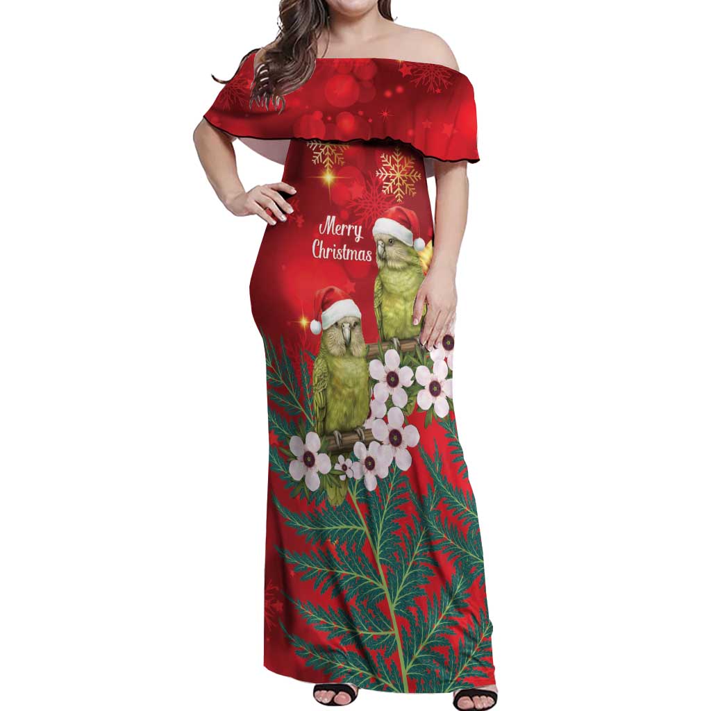 New Zealand Kakapo Christmas Off Shoulder Maxi Dress Owl Parrot Santa Sliver Fern Manuka - Red - Aussie Hoodie
