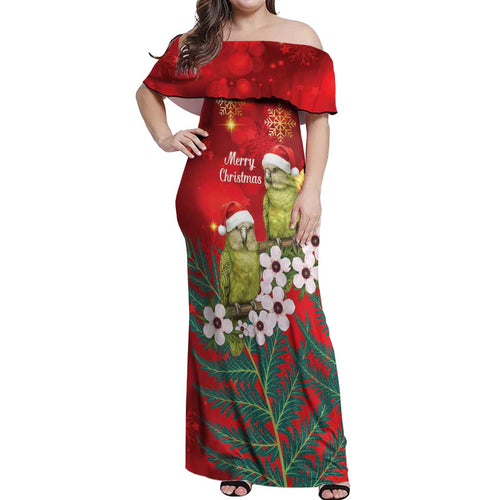New Zealand Kakapo Christmas Off Shoulder Maxi Dress Owl Parrot Santa Sliver Fern Manuka - Red - Aussie Hoodie