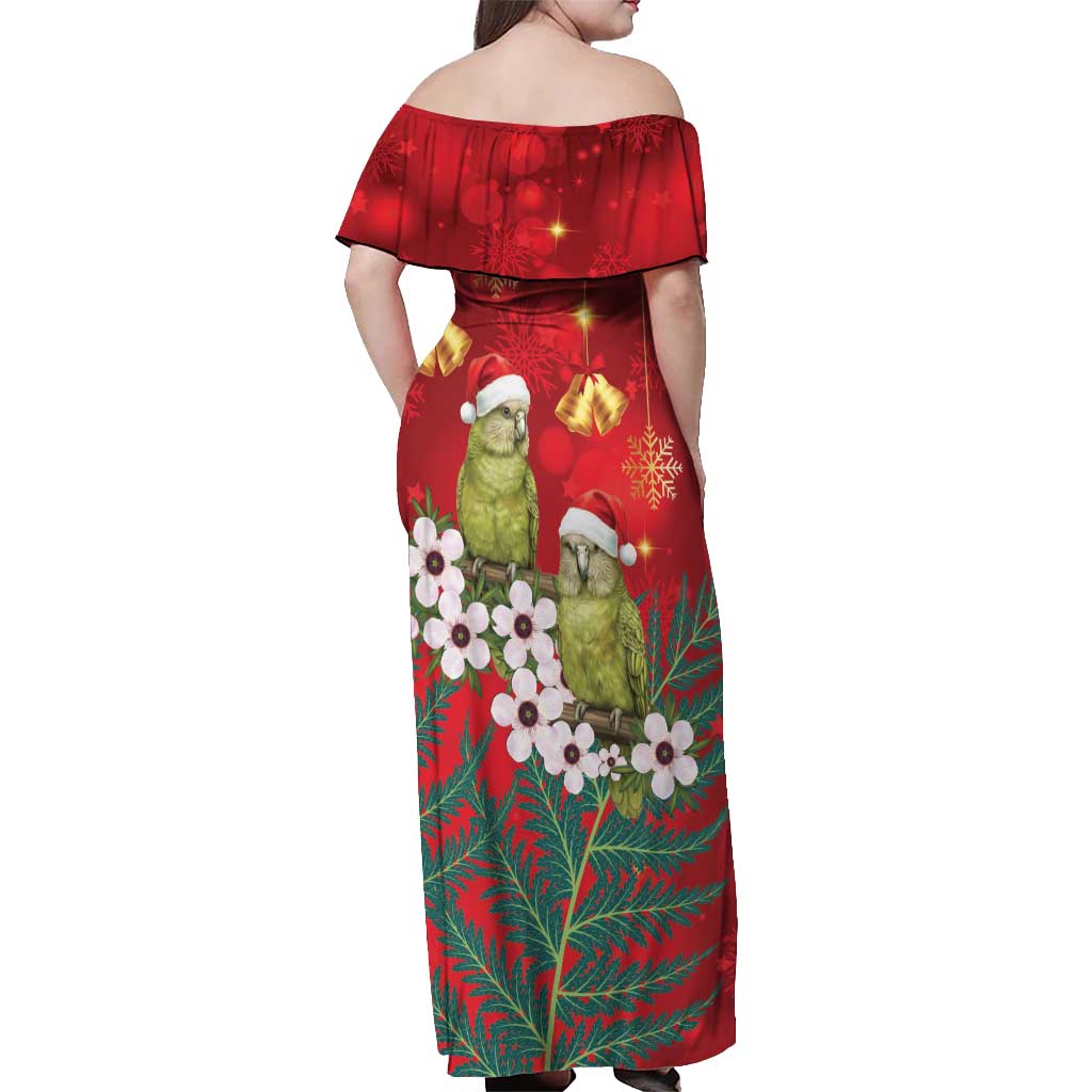 New Zealand Kakapo Christmas Off Shoulder Maxi Dress Owl Parrot Santa Sliver Fern Manuka - Red - Aussie Hoodie