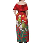 New Zealand Kakapo Christmas Off Shoulder Maxi Dress Owl Parrot Santa Sliver Fern Manuka - Red - Aussie Hoodie