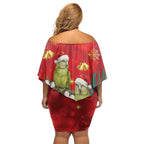 New Zealand Kakapo Christmas Off Shoulder Short Dress Owl Parrot Santa Sliver Fern Manuka - Red - Aussie Hoodie