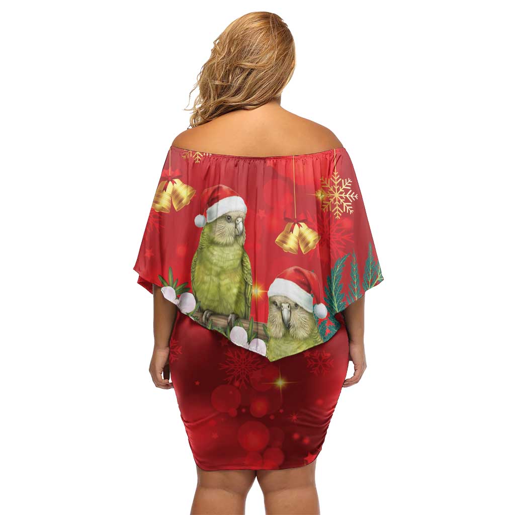 New Zealand Kakapo Christmas Off Shoulder Short Dress Owl Parrot Santa Sliver Fern Manuka - Red - Aussie Hoodie