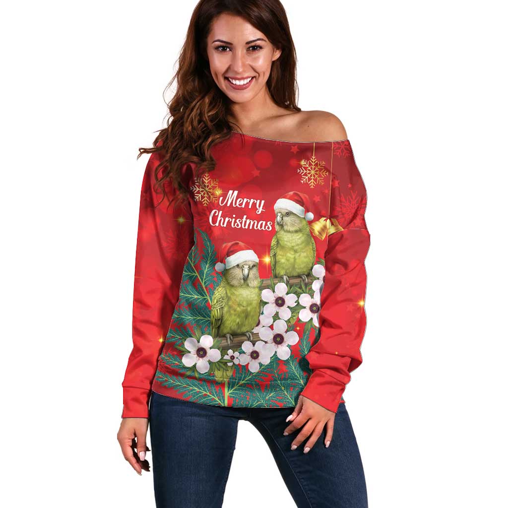 New Zealand Kakapo Christmas Off Shoulder Sweater Owl Parrot Santa Sliver Fern Manuka - Red - Aussie Hoodie