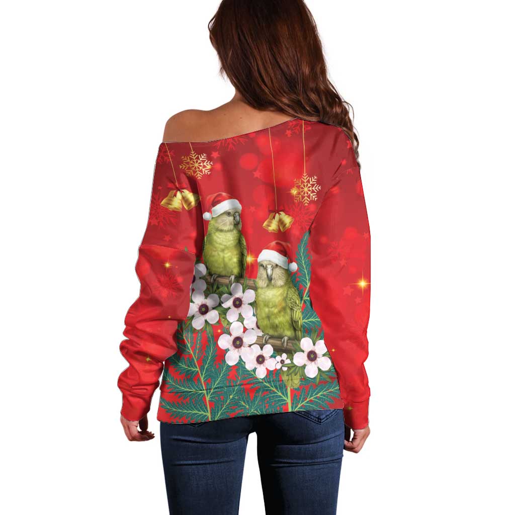 New Zealand Kakapo Christmas Off Shoulder Sweater Owl Parrot Santa Sliver Fern Manuka - Red - Aussie Hoodie