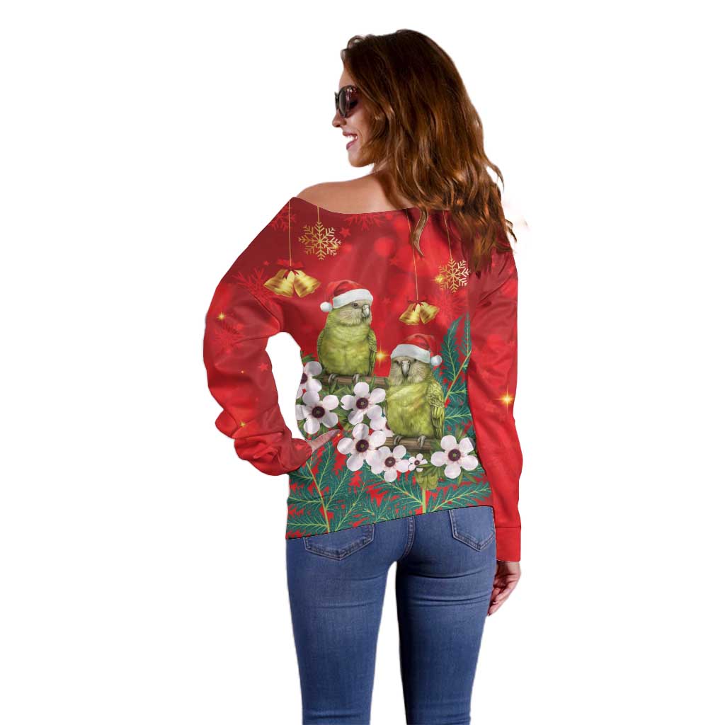 New Zealand Kakapo Christmas Off Shoulder Sweater Owl Parrot Santa Sliver Fern Manuka - Red - Aussie Hoodie