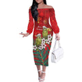 New Zealand Kakapo Christmas Off The Shoulder Long Sleeve Dress Owl Parrot Santa Sliver Fern Manuka - Red - Aussie Hoodie