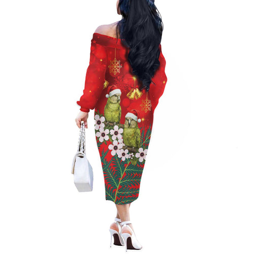 New Zealand Kakapo Christmas Off The Shoulder Long Sleeve Dress Owl Parrot Santa Sliver Fern Manuka - Red - Aussie Hoodie