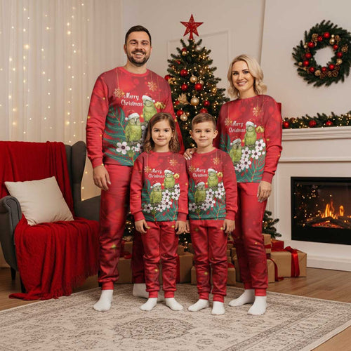 New Zealand Kakapo Christmas Pajama Set Owl Parrot Santa Sliver Fern Manuka - Red - Aussie Hoodie