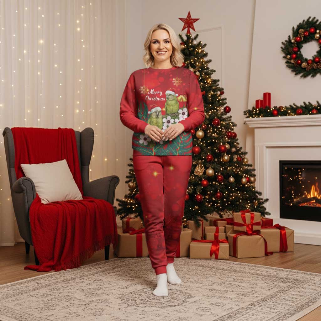 New Zealand Kakapo Christmas Pajama Set Owl Parrot Santa Sliver Fern Manuka - Red - Aussie Hoodie