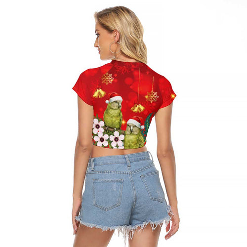 New Zealand Kakapo Christmas Raglan Cropped T Shirt Owl Parrot Santa Sliver Fern Manuka - Red - Aussie Hoodie