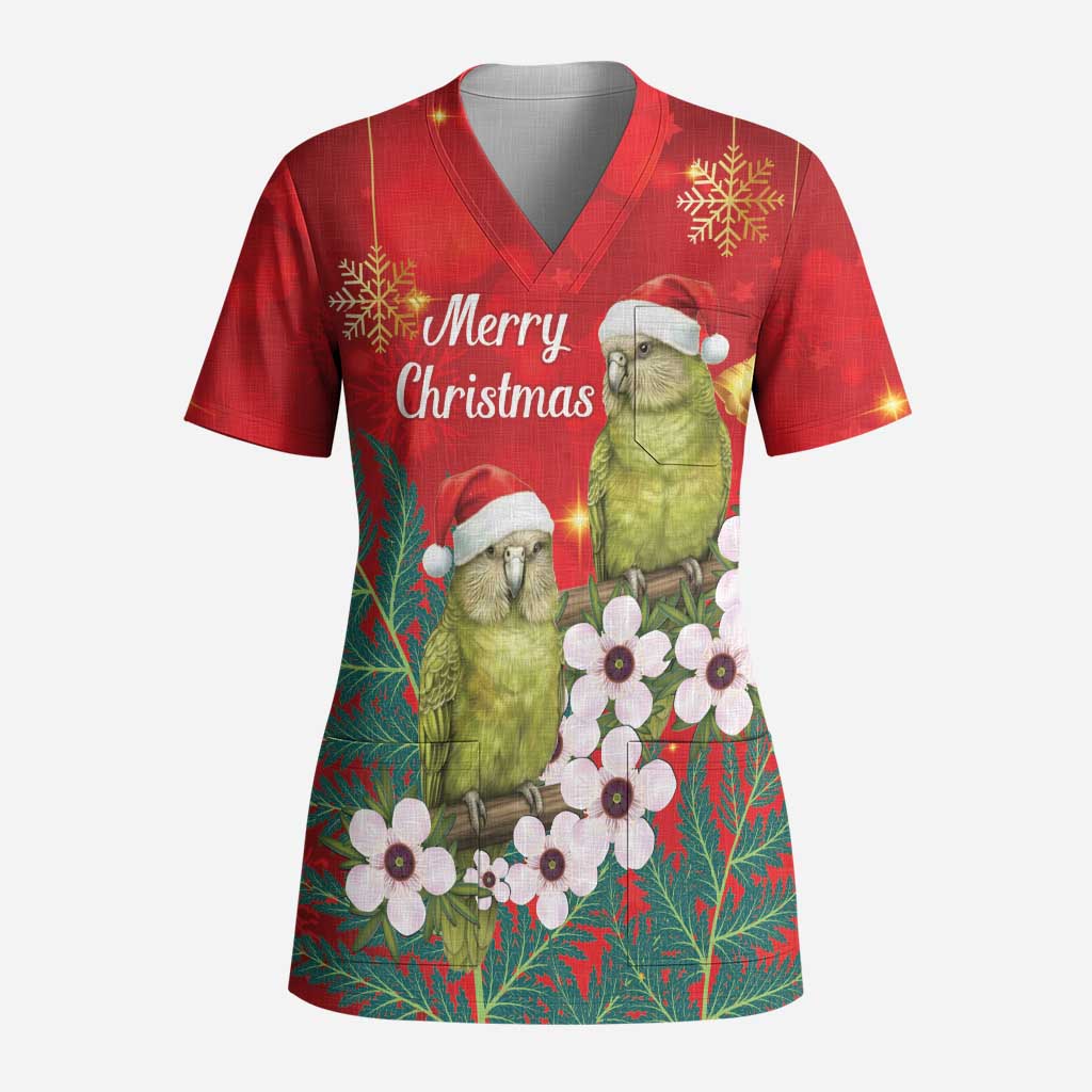 New Zealand Kakapo Christmas Scrub Top Owl Parrot Santa Sliver Fern Manuka - Red - Aussie Hoodie