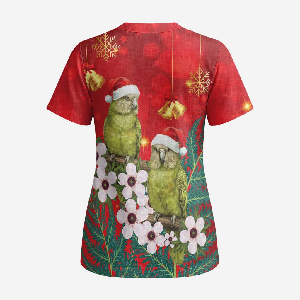 New Zealand Kakapo Christmas Scrub Top Owl Parrot Santa Sliver Fern Manuka - Red - Aussie Hoodie