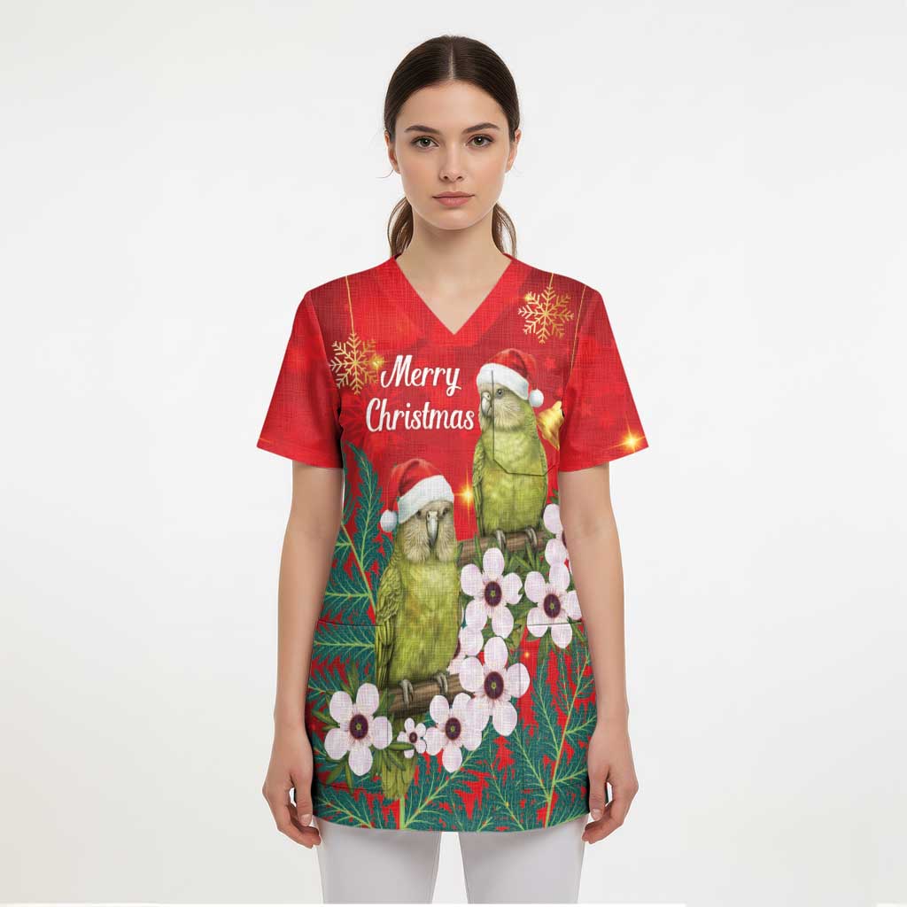 New Zealand Kakapo Christmas Scrub Top Owl Parrot Santa Sliver Fern Manuka - Red - Aussie Hoodie