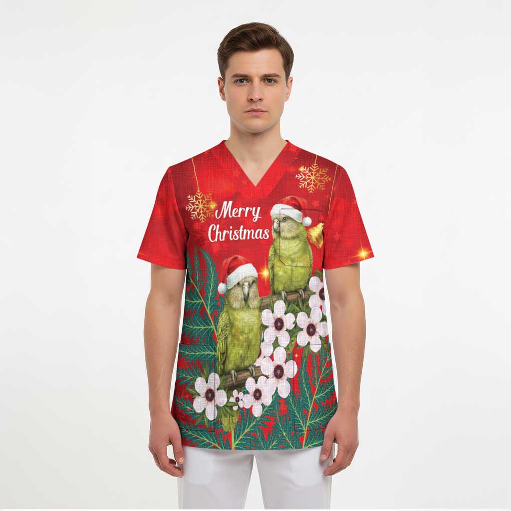 New Zealand Kakapo Christmas Scrub Top Owl Parrot Santa Sliver Fern Manuka - Red - Aussie Hoodie