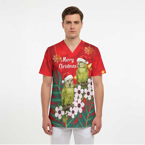 New Zealand Kakapo Christmas Scrub Top Owl Parrot Santa Sliver Fern Manuka - Red - Aussie Hoodie