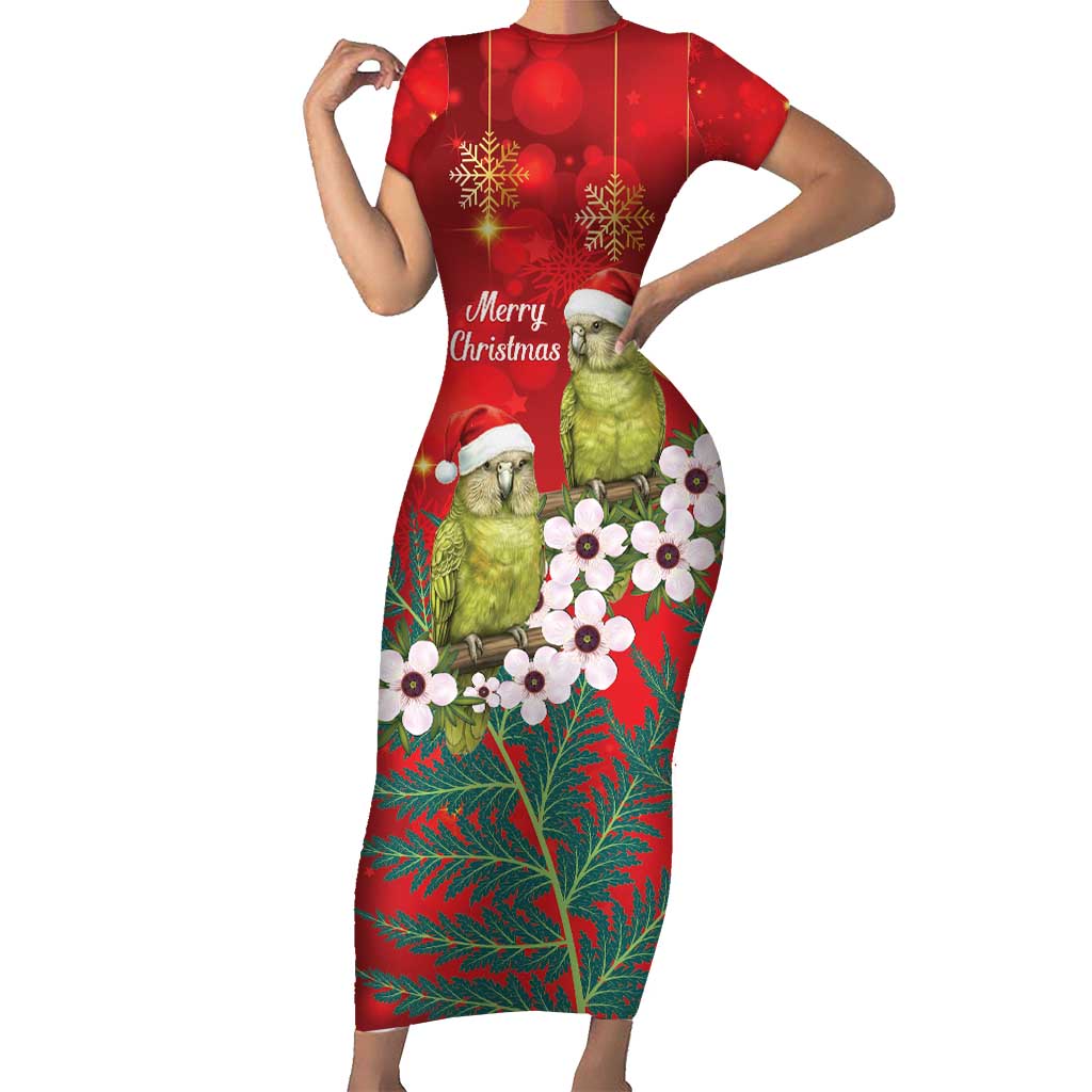 New Zealand Kakapo Christmas Short Sleeve Bodycon Dress Owl Parrot Santa Sliver Fern Manuka - Red - Aussie Hoodie