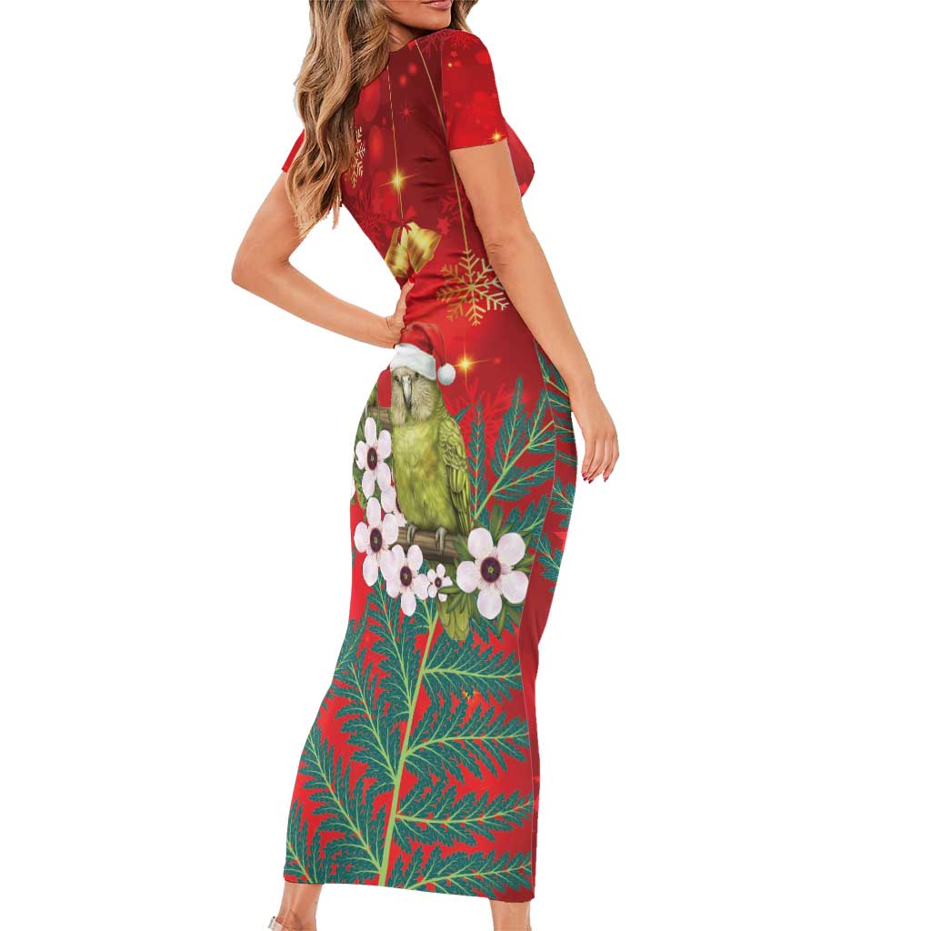 New Zealand Kakapo Christmas Short Sleeve Bodycon Dress Owl Parrot Santa Sliver Fern Manuka - Red - Aussie Hoodie