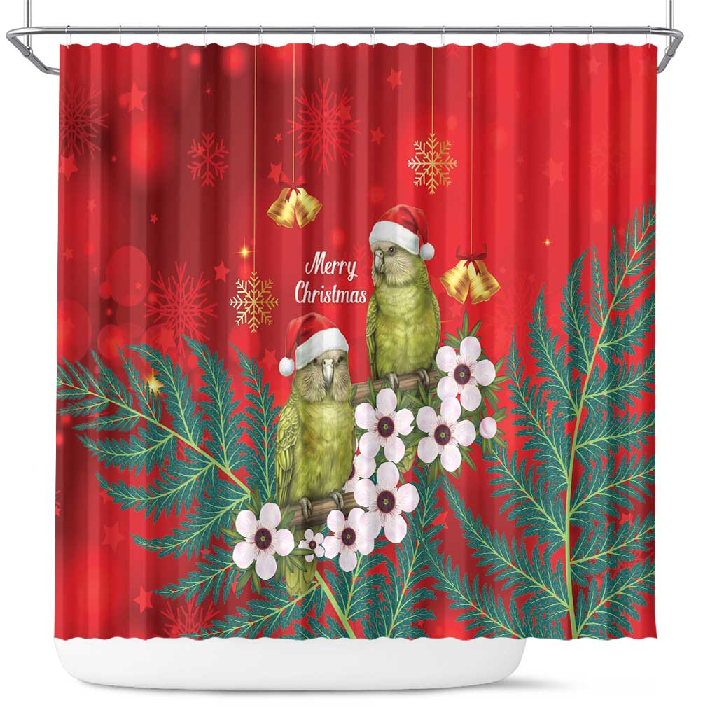 New Zealand Kakapo Christmas Shower Curtain Owl Parrot Santa Sliver Fern Manuka - Red - Aussie Hoodie