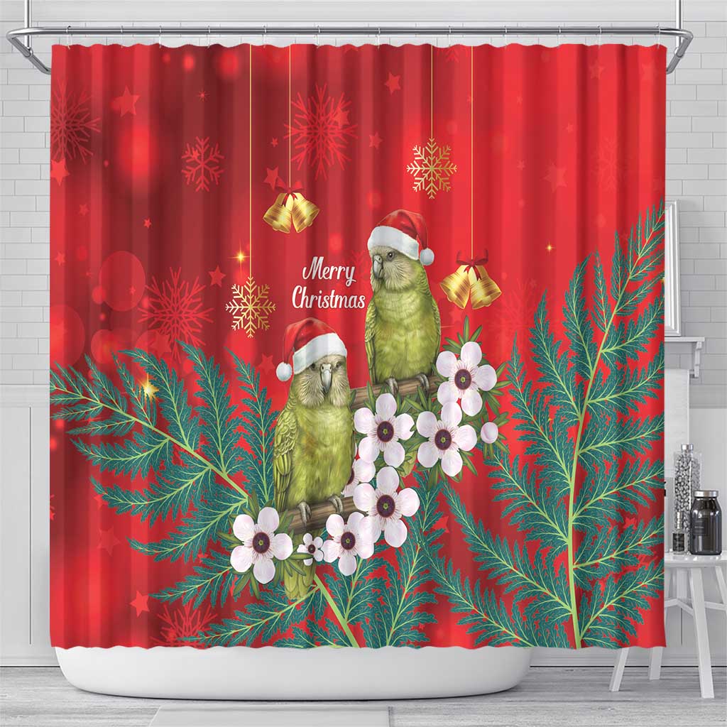 New Zealand Kakapo Christmas Shower Curtain Owl Parrot Santa Sliver Fern Manuka - Red - Aussie Hoodie