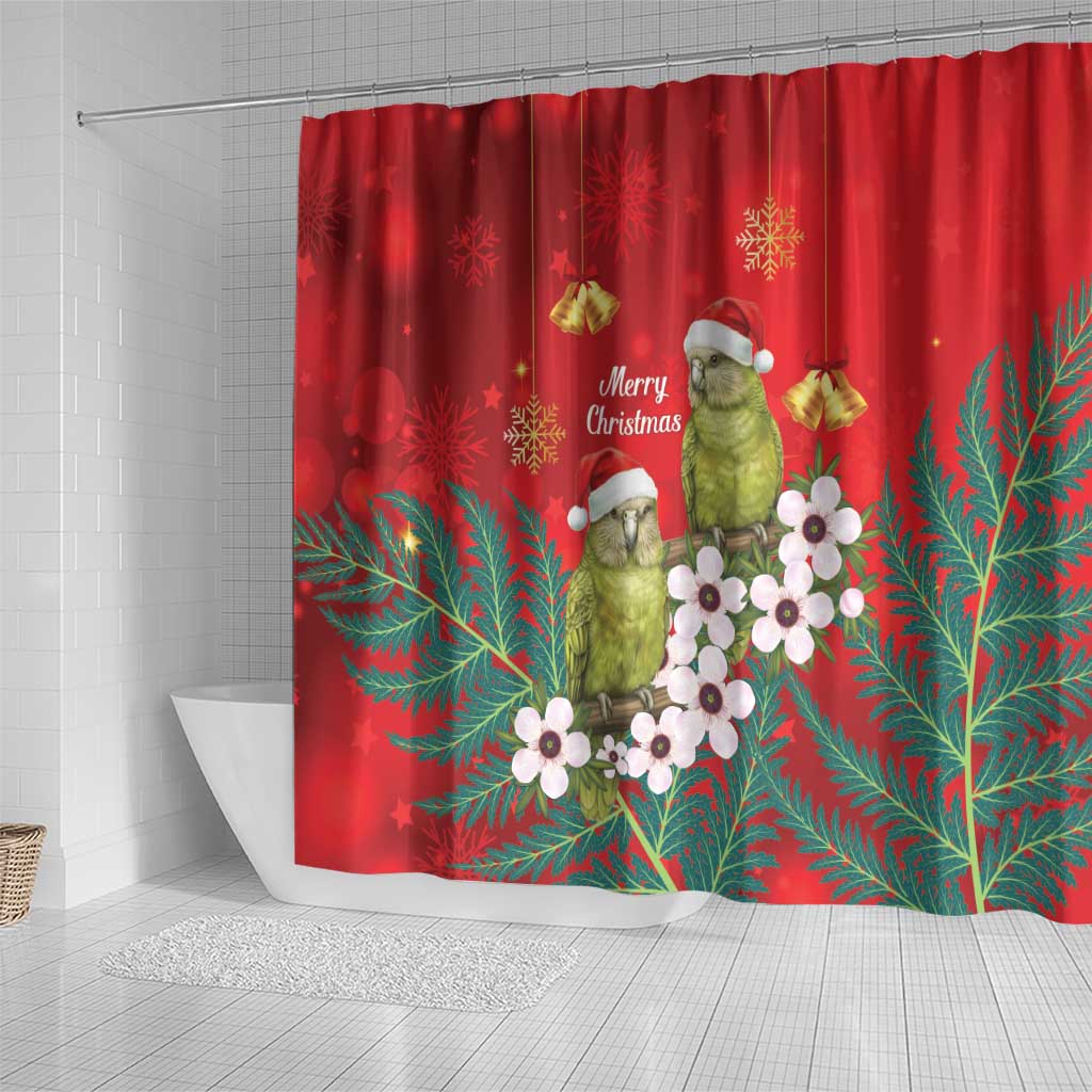 New Zealand Kakapo Christmas Shower Curtain Owl Parrot Santa Sliver Fern Manuka - Red - Aussie Hoodie