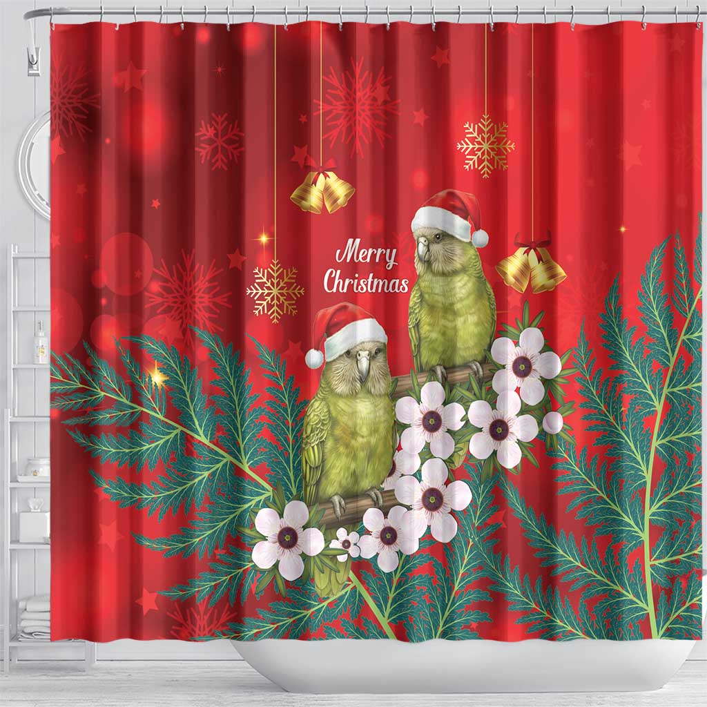 New Zealand Kakapo Christmas Shower Curtain Owl Parrot Santa Sliver Fern Manuka - Red - Aussie Hoodie