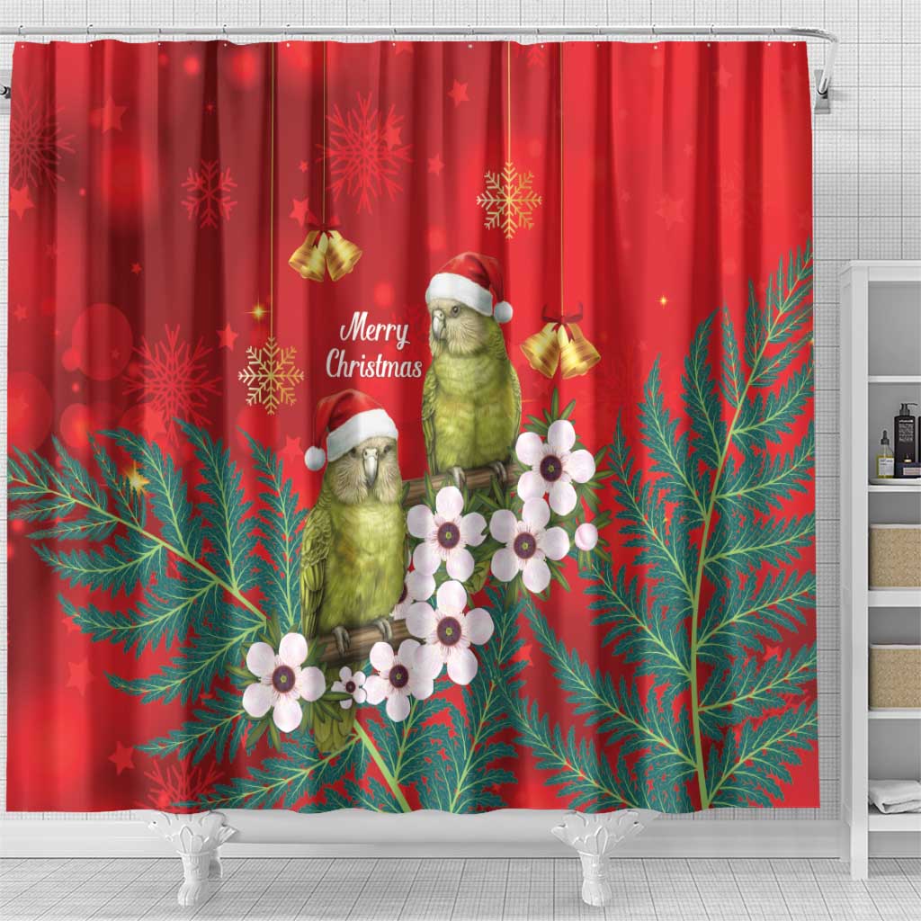 New Zealand Kakapo Christmas Shower Curtain Owl Parrot Santa Sliver Fern Manuka - Red - Aussie Hoodie