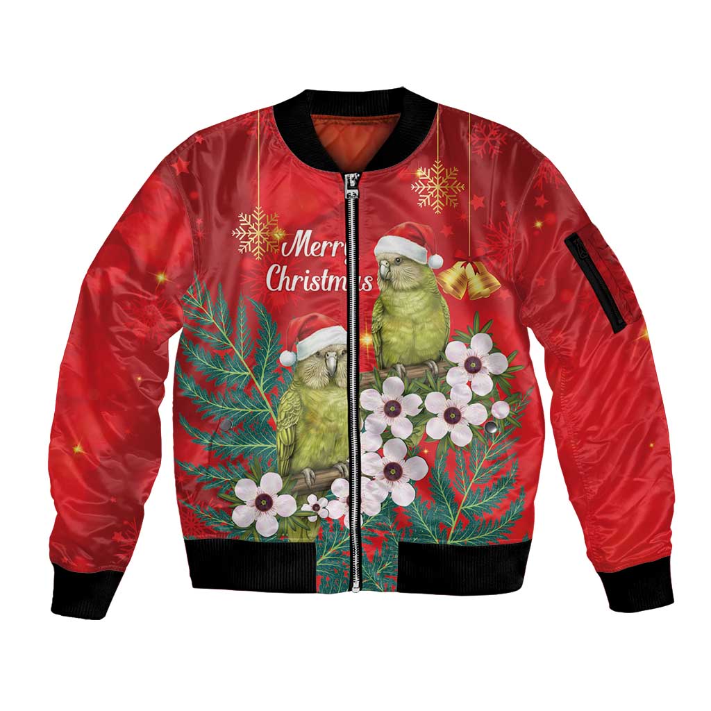 New Zealand Kakapo Christmas Sleeve Zip Bomber Jacket Owl Parrot Santa Sliver Fern Manuka - Red - Aussie Hoodie
