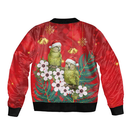 New Zealand Kakapo Christmas Sleeve Zip Bomber Jacket Owl Parrot Santa Sliver Fern Manuka - Red - Aussie Hoodie