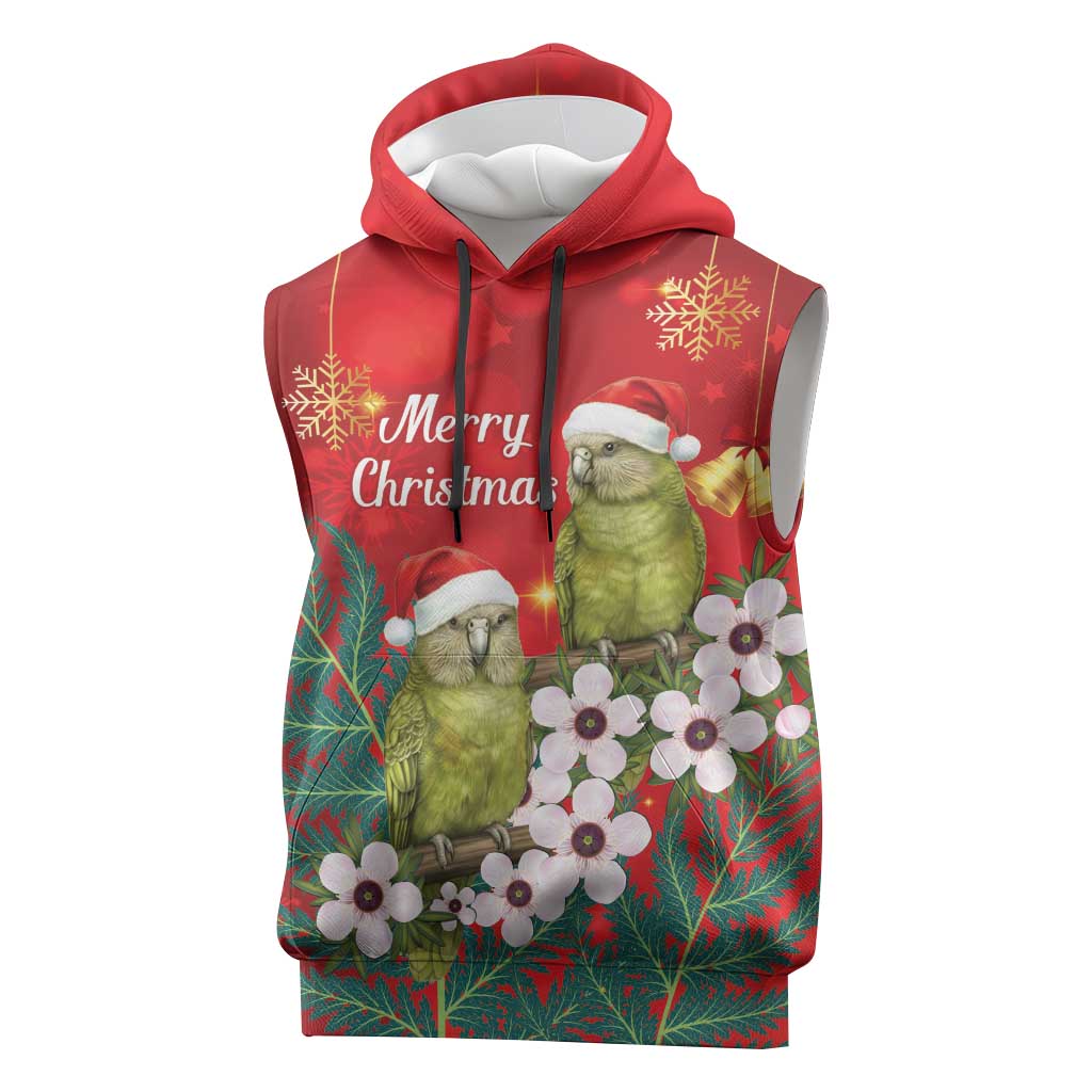 New Zealand Kakapo Christmas Sleeveless Hoodie Owl Parrot Santa Sliver Fern Manuka - Red - Aussie Hoodie
