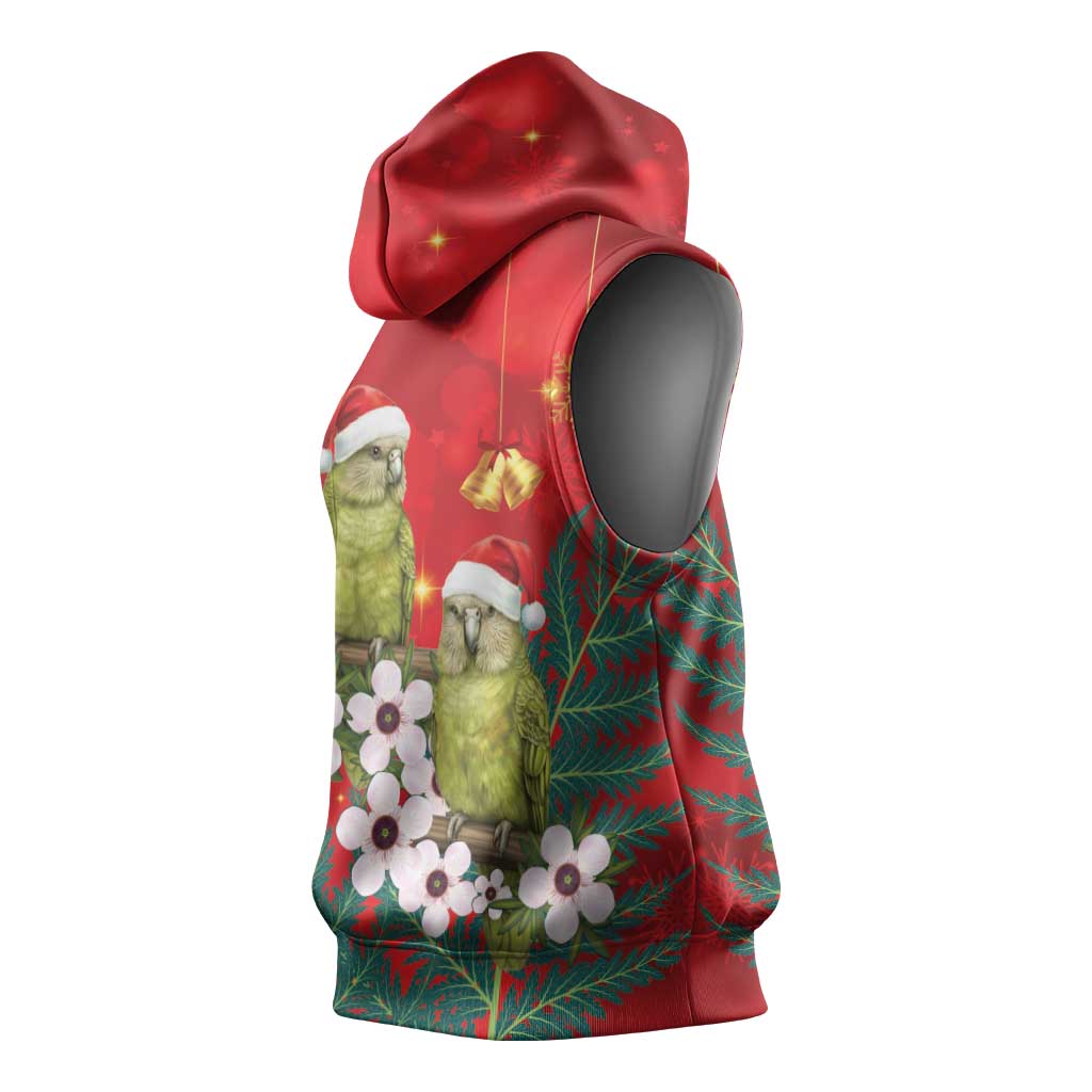 New Zealand Kakapo Christmas Sleeveless Hoodie Owl Parrot Santa Sliver Fern Manuka - Red - Aussie Hoodie