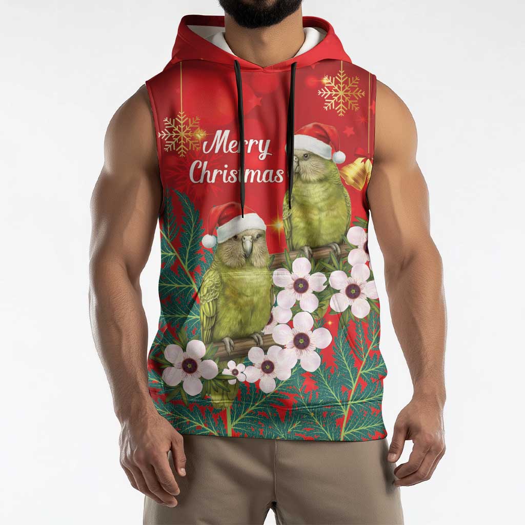 New Zealand Kakapo Christmas Sleeveless Hoodie Owl Parrot Santa Sliver Fern Manuka - Red - Aussie Hoodie