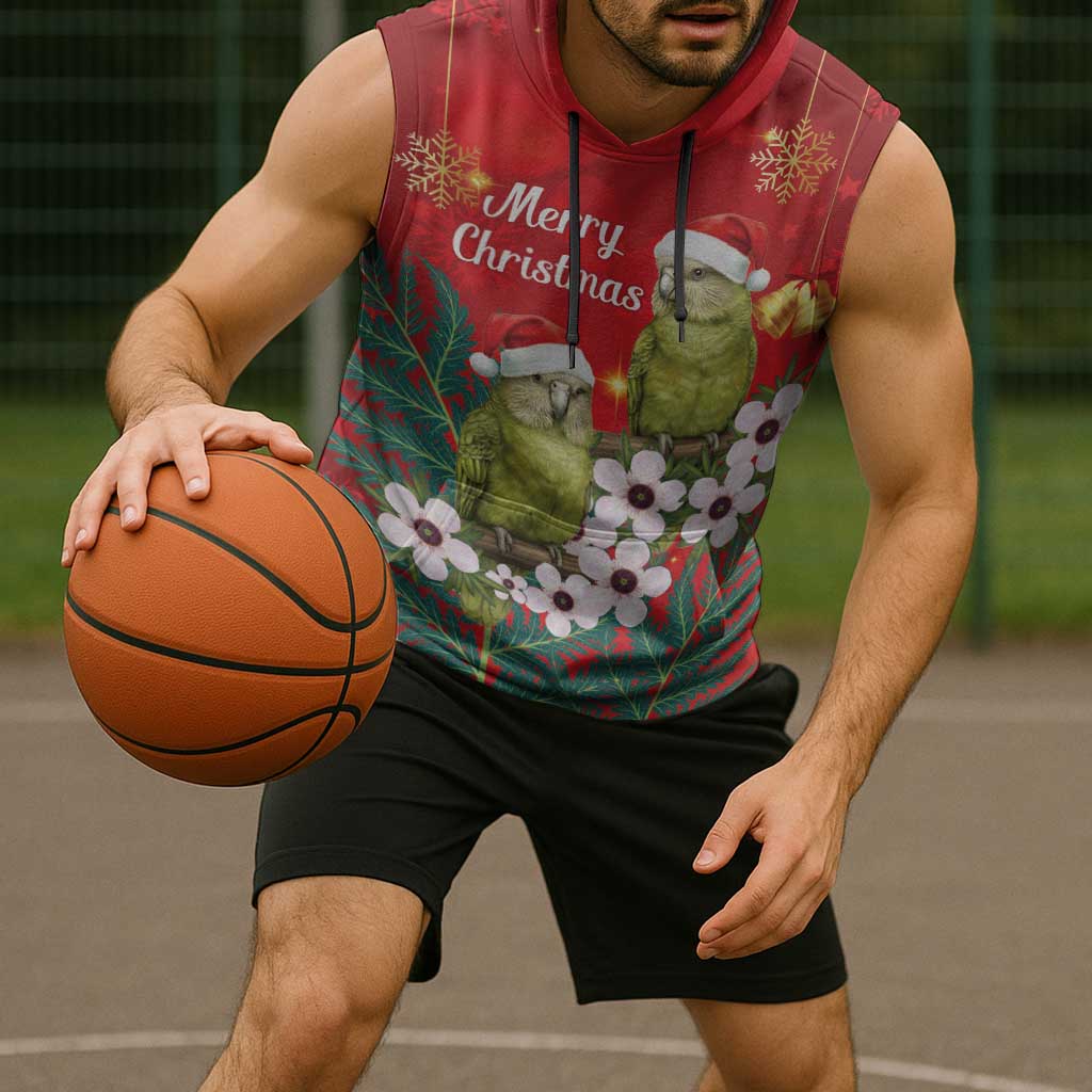 New Zealand Kakapo Christmas Sleeveless Hoodie Owl Parrot Santa Sliver Fern Manuka - Red - Aussie Hoodie