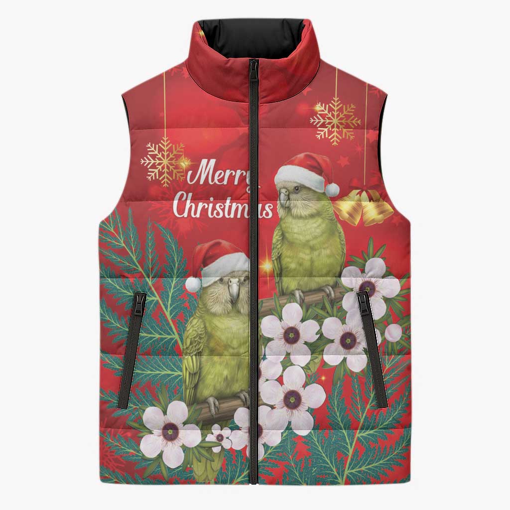 New Zealand Kakapo Christmas Sleeveless Puffer Jacket Owl Parrot Santa Sliver Fern Manuka - Red - Aussie Hoodie