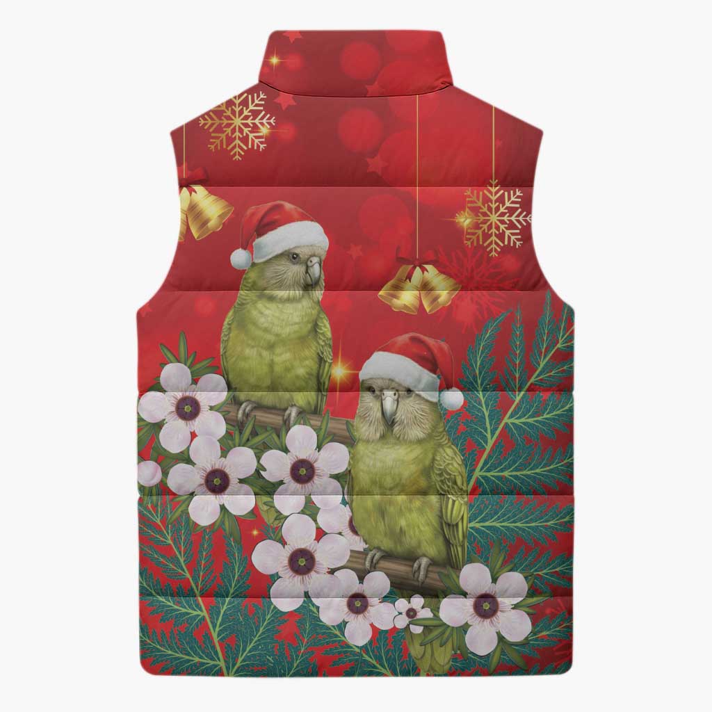 New Zealand Kakapo Christmas Sleeveless Puffer Jacket Owl Parrot Santa Sliver Fern Manuka - Red - Aussie Hoodie