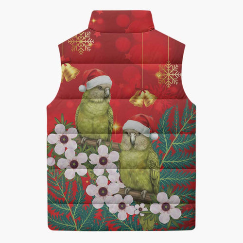 New Zealand Kakapo Christmas Sleeveless Puffer Jacket Owl Parrot Santa Sliver Fern Manuka - Red - Aussie Hoodie