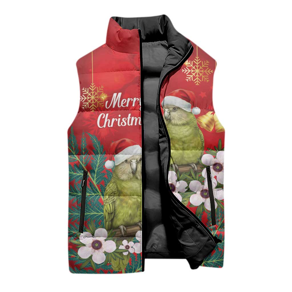 New Zealand Kakapo Christmas Sleeveless Puffer Jacket Owl Parrot Santa Sliver Fern Manuka - Red - Aussie Hoodie