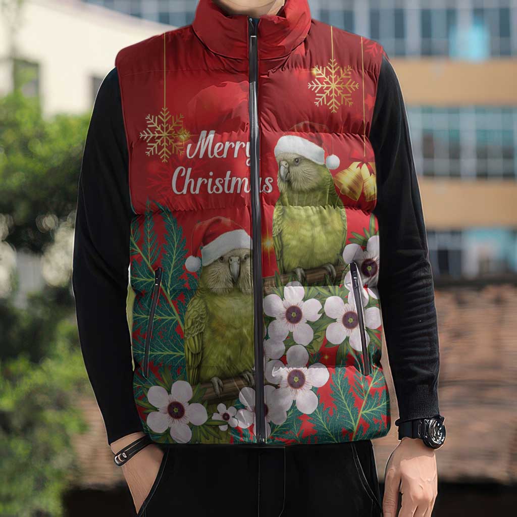 New Zealand Kakapo Christmas Sleeveless Puffer Jacket Owl Parrot Santa Sliver Fern Manuka - Red - Aussie Hoodie
