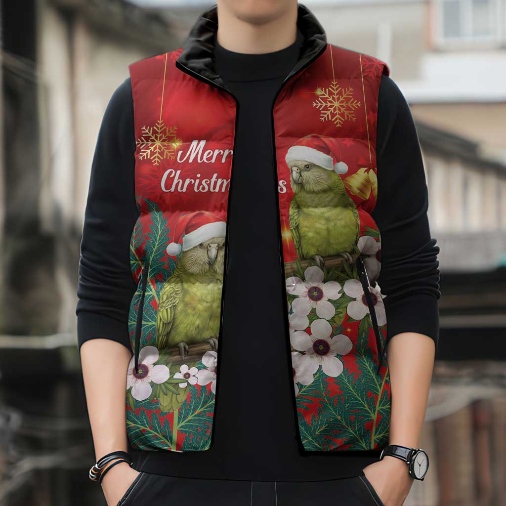 New Zealand Kakapo Christmas Sleeveless Puffer Jacket Owl Parrot Santa Sliver Fern Manuka - Red - Aussie Hoodie