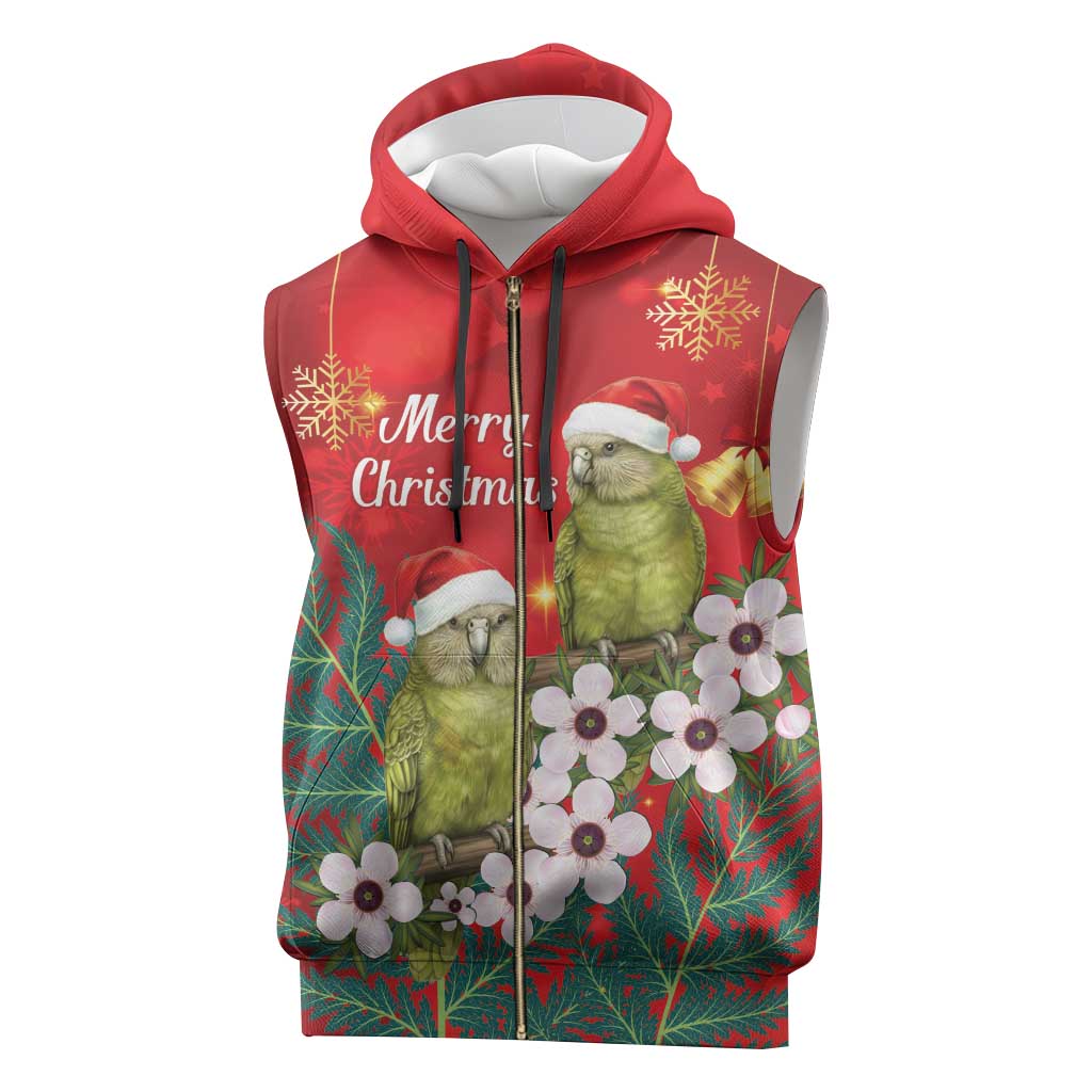 New Zealand Kakapo Christmas Sleeveless Zip Hoodie Owl Parrot Santa Sliver Fern Manuka - Red - Aussie Hoodie