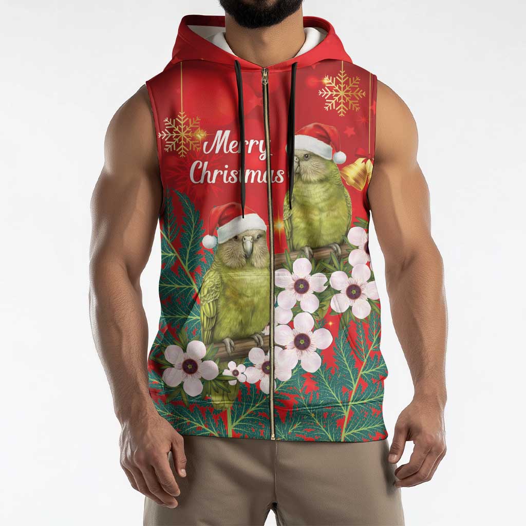 New Zealand Kakapo Christmas Sleeveless Zip Hoodie Owl Parrot Santa Sliver Fern Manuka - Red - Aussie Hoodie