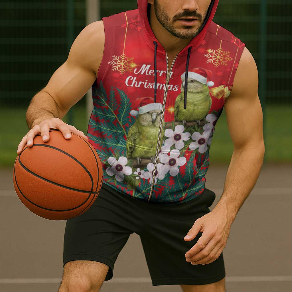 New Zealand Kakapo Christmas Sleeveless Zip Hoodie Owl Parrot Santa Sliver Fern Manuka - Red - Aussie Hoodie